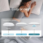 Woman lying on a bed with three  Adjustable pillow options displayed below her.