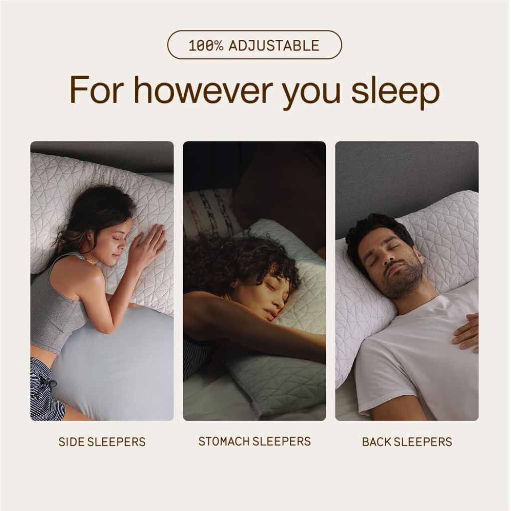 Three people sleeping in different positions on a adjustable pillow with text '100% Adjustable For however you sleep'.