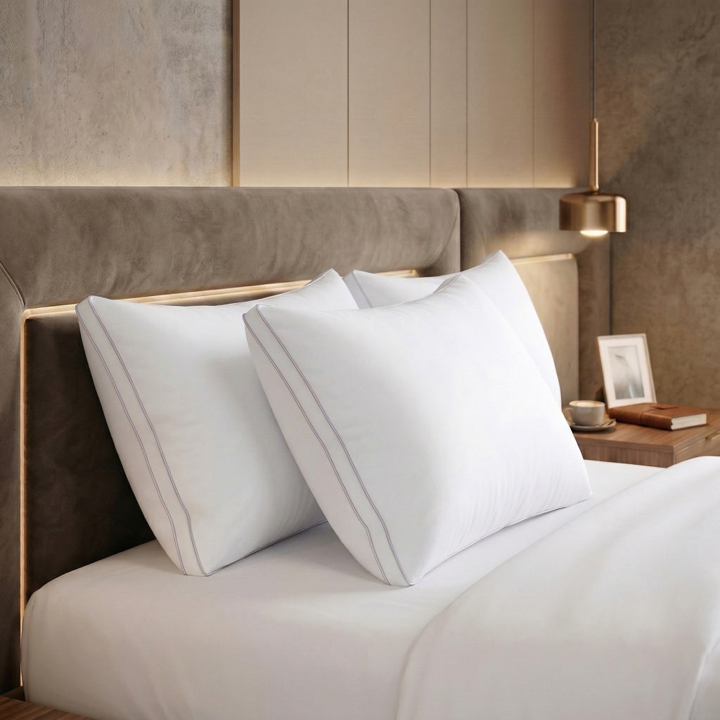 White pillows on a bed in a bedroom setting with a lamp and decor items.