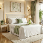 Neatly made bed with white bamboo  bedding set and green accents in a bedroom setting.