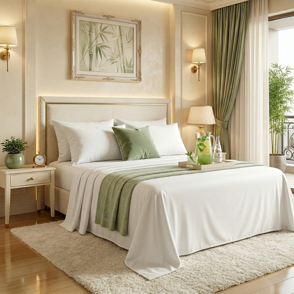 Neatly made bed with white bamboo  bedding set and green accents in a bedroom setting.