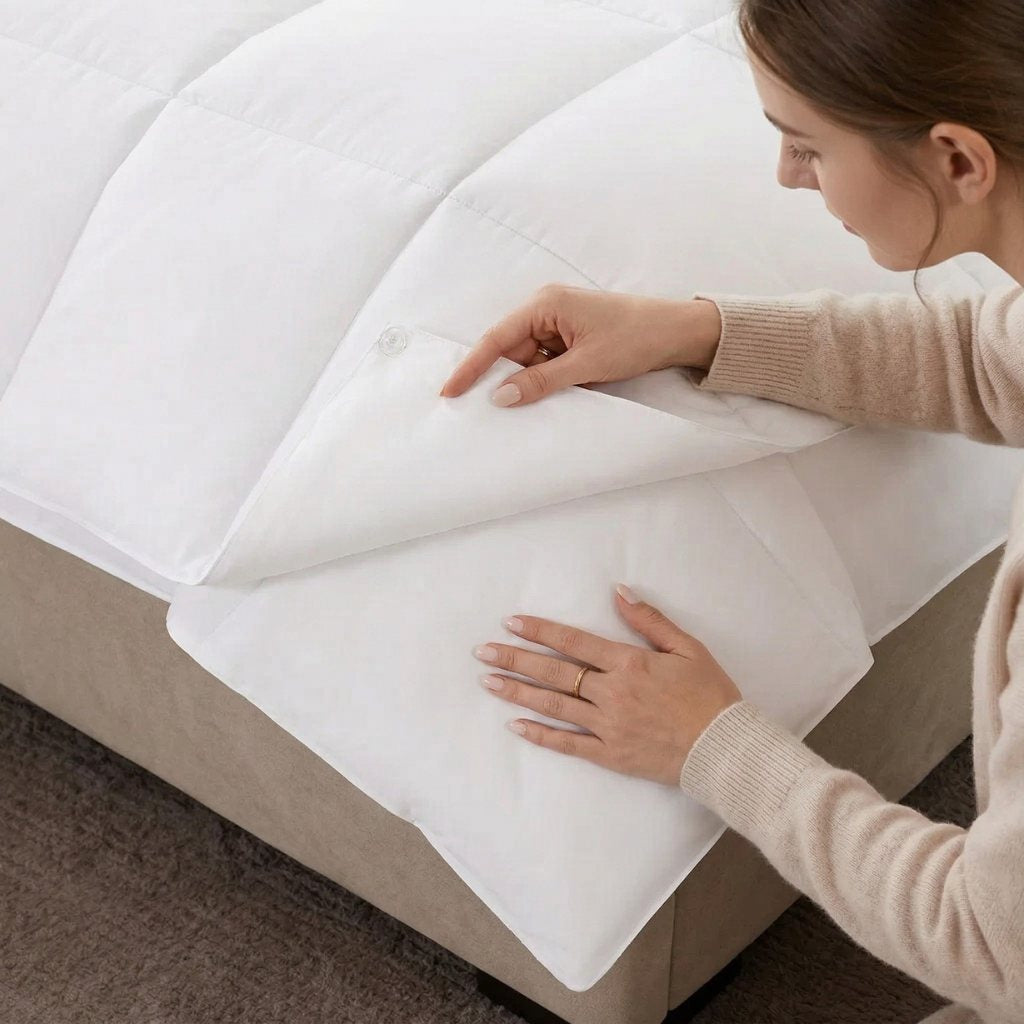 Person inspecting a mattress comforter on a bed