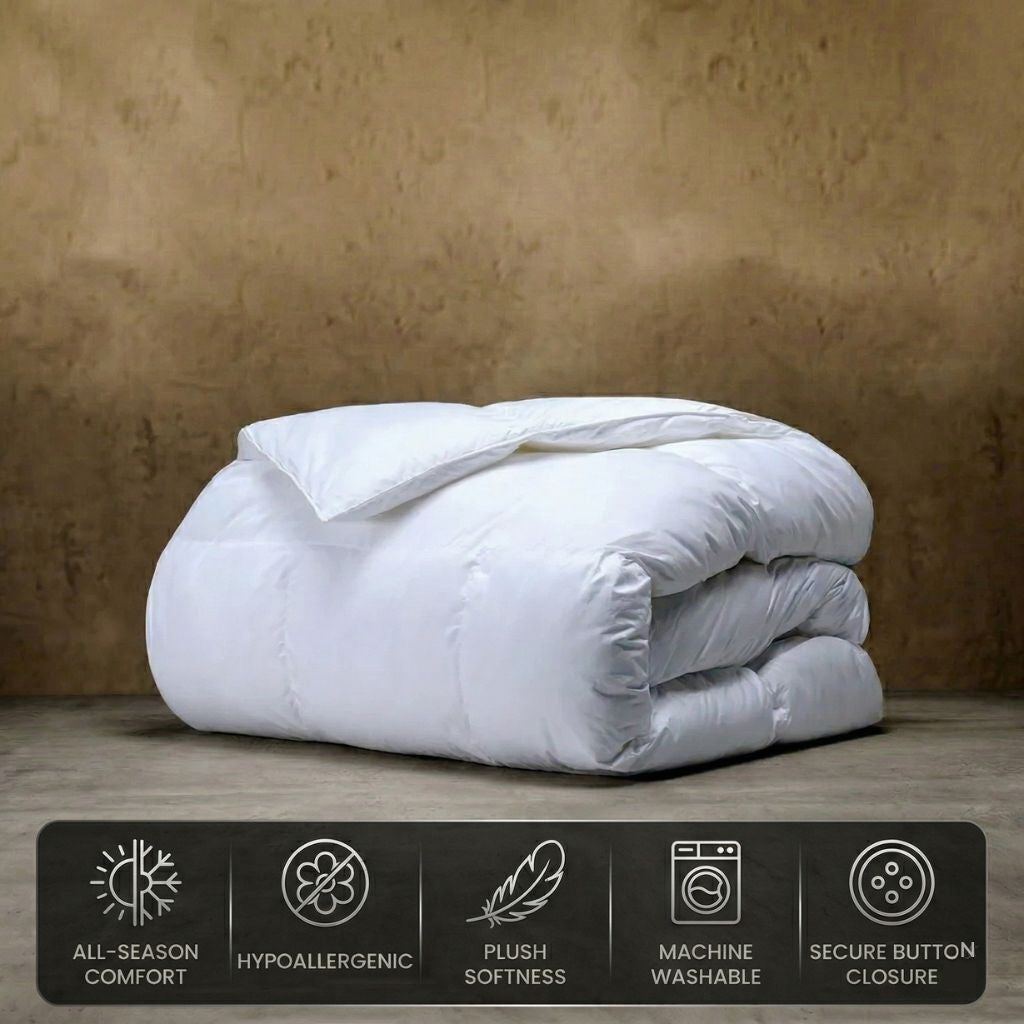 Folded white comforter on a wooden surface with feature icons below.