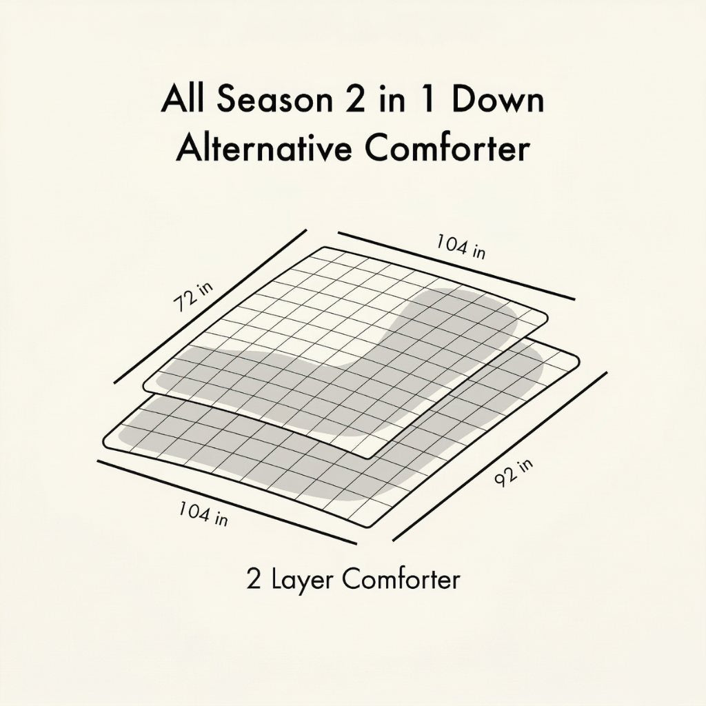 Diagram of a 2-layer all-season 2-in-1 down alternative comforter with dimensions.