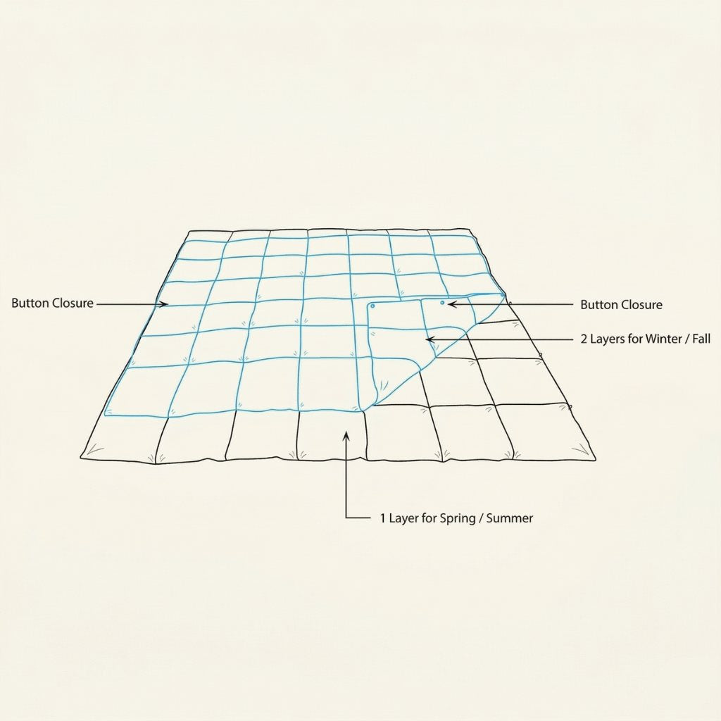 Diagram of a layered fabric with button closures on a beige background