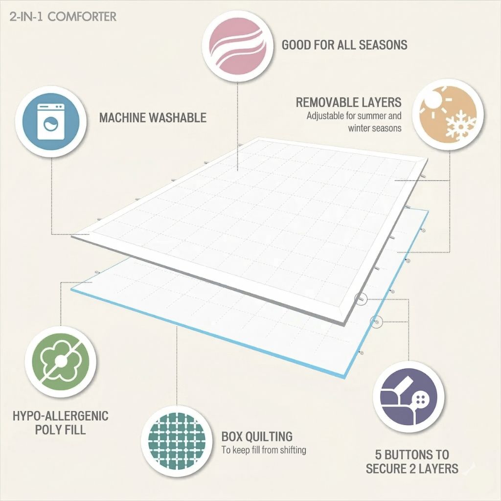 2-in-1 comforter with features listed on a beige background