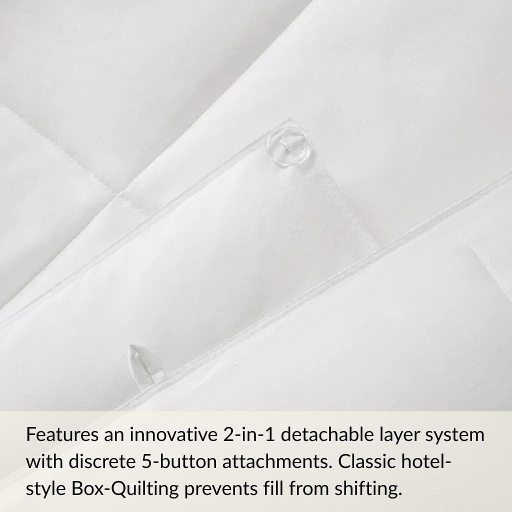 Close-up of a white comforter with button attachments and text describing its features.