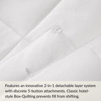 Close-up of a white comforter with button attachments and text describing its features.