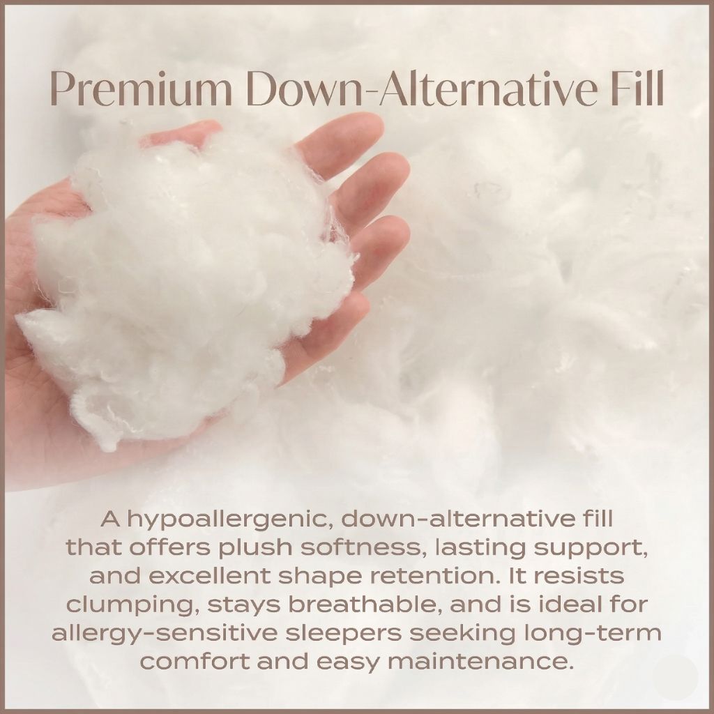 Hand holding a ball of white stuffing with text about premium down-alternative fill.