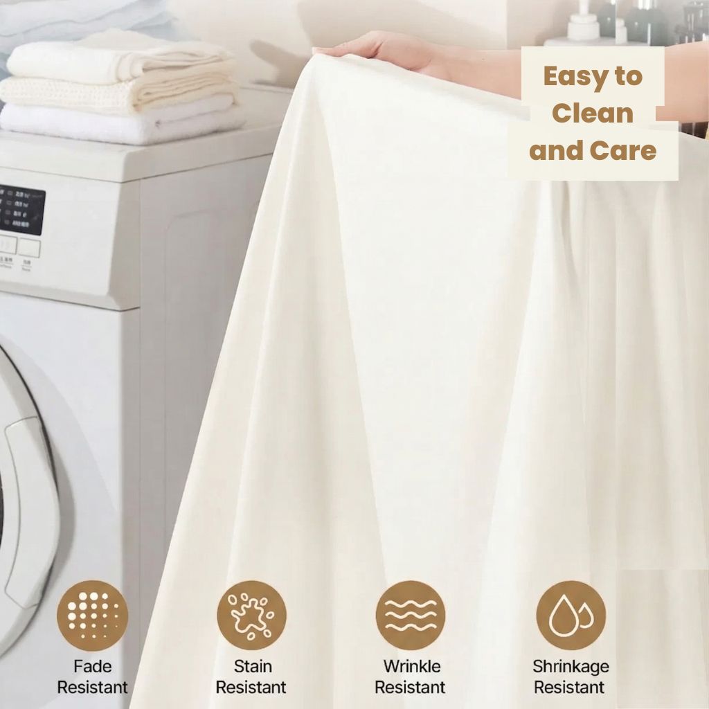 Person holding a white sheet set with washing machine in background, emphasizing ease of cleaning and care.