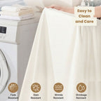 Person holding a white sheet set with washing machine in background, emphasizing ease of cleaning and care.