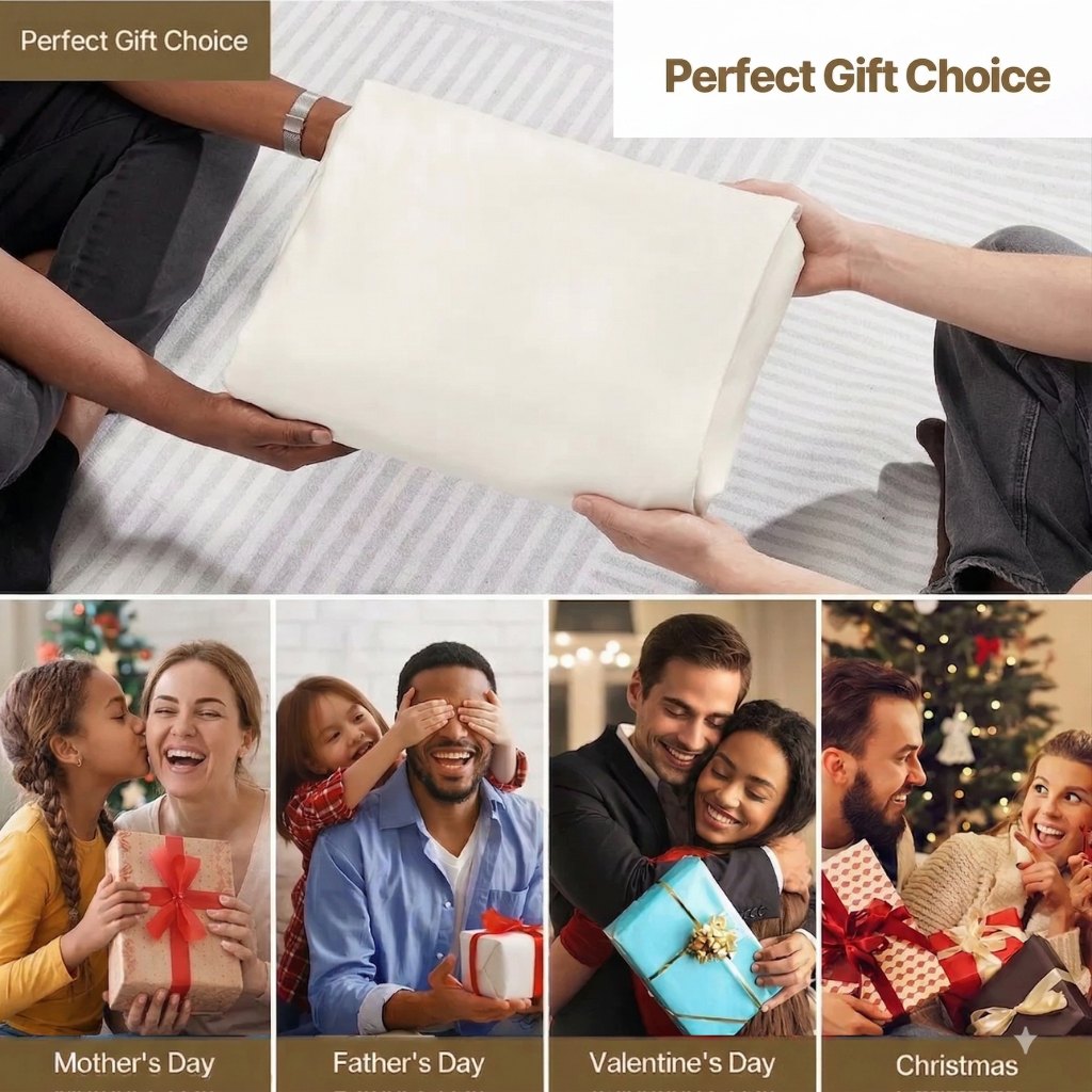 Collage of people exchanging sheet set as gifts with text 'Perfect Gift Choice' and gift-giving scenarios for holidays.