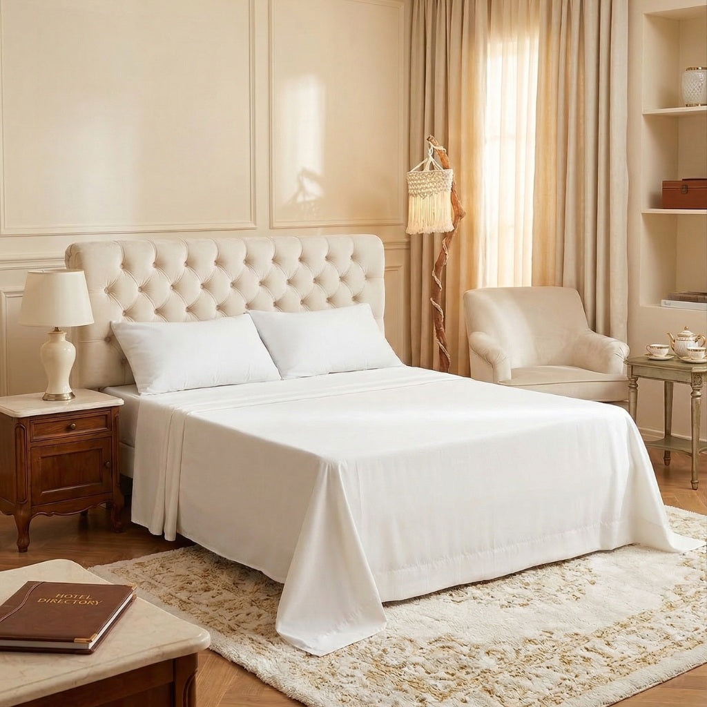 Neatly made bed in a bedroom with The Silent Wave Signature Sheet Set a chair and side table.