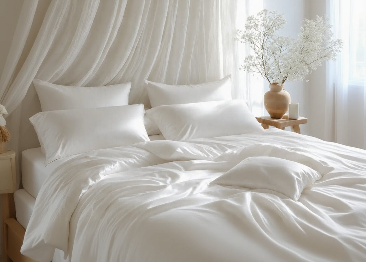 White bedding set with pillows and a vase on a side table in a bright room.