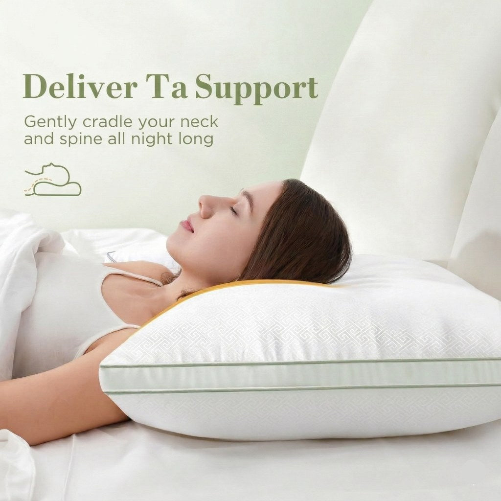 Woman lying on a white pillow with text 'Deliver Ta Support' and 'Gently cradle your neck and spine all night long'.