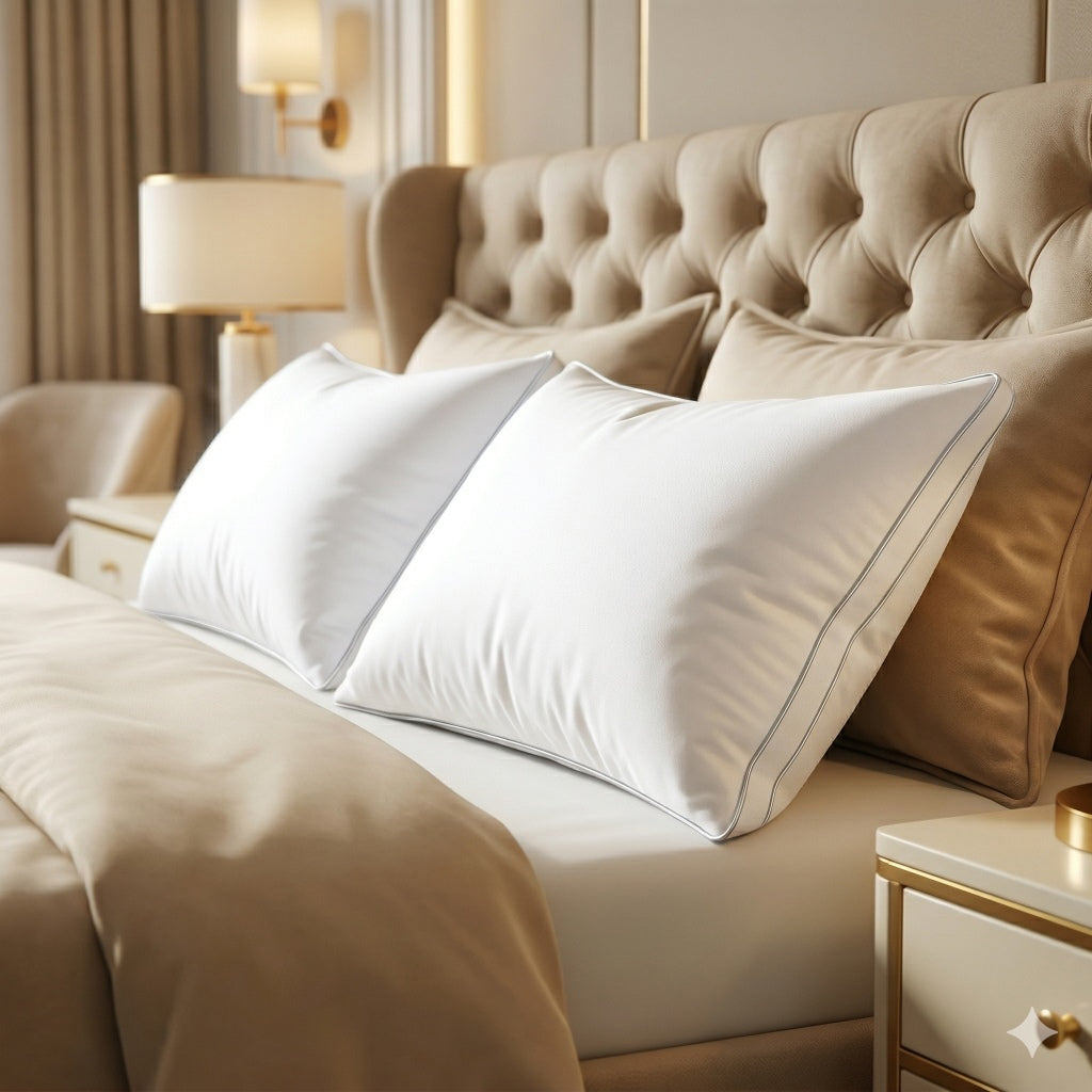 Neatly arranged pillows on a bed in a bedroom setting
