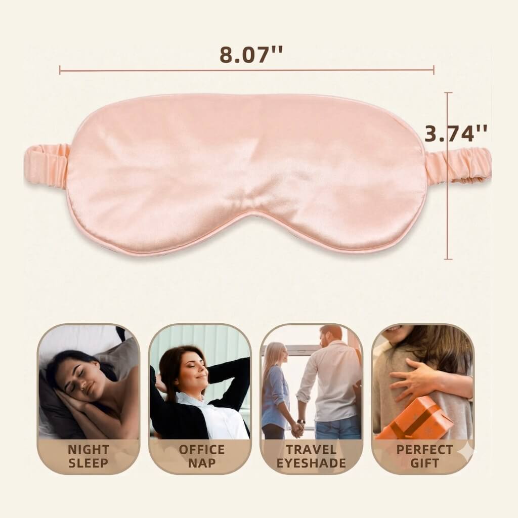 Pink eye mask with dimensions and usage scenarios on a beige background