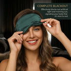 Woman wearing a black sleep mask with text about complete blackout for rest.
