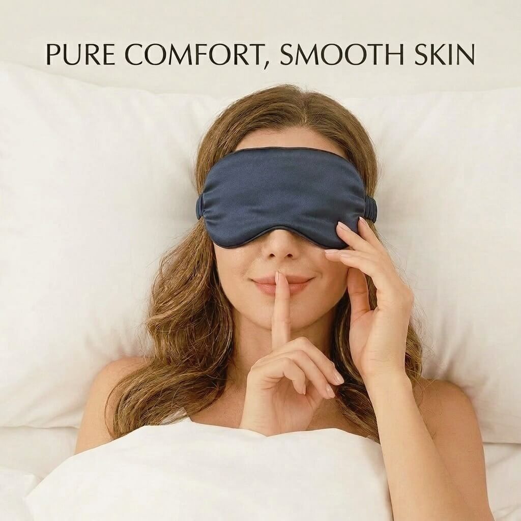 Woman wearing a blue sleep mask with text 'PURE COMFORT, SMOOTH SKIN' on a white background