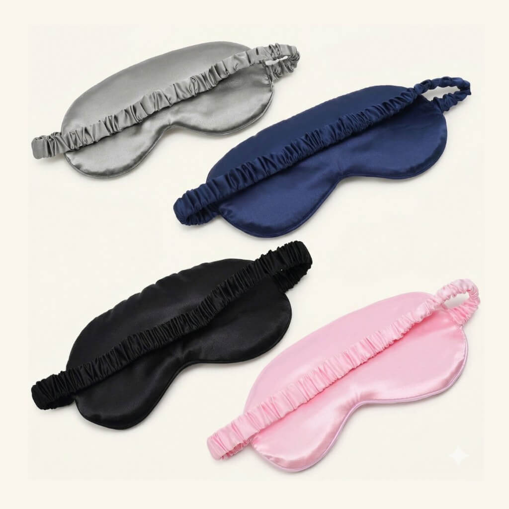 Four sleep masks in gray, navy, black, and pink on a white background