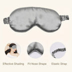 Gray satin eye mask with features highlighted on a white background