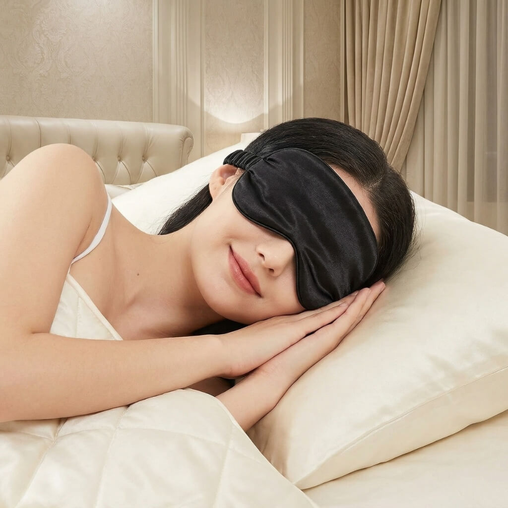 Woman wearing a black sleep mask lying on a pillow in a bedroom.