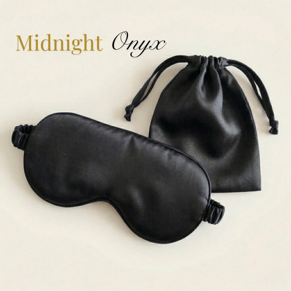 Black satin eye mask with drawstring pouch on a beige background, labeled 'Midnight Onyx'.