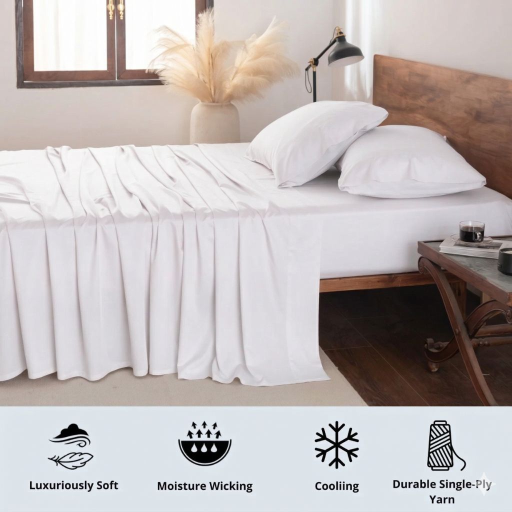 White bamboo bedding set on a bed in a bedroom with decorative elements.
