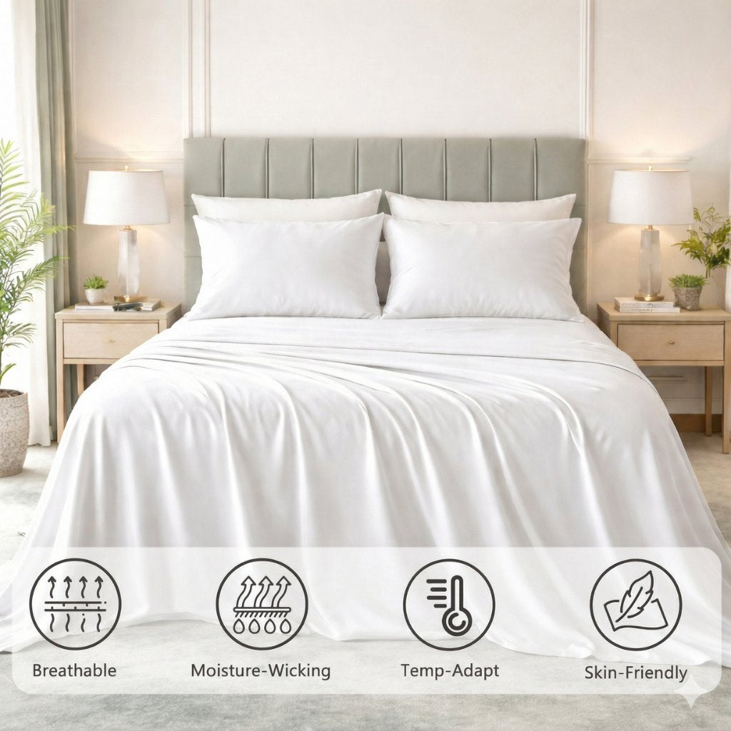 Bed with white bamboo bedding and pillows in a bedroom setting, featuring icons and text about bedding properties.