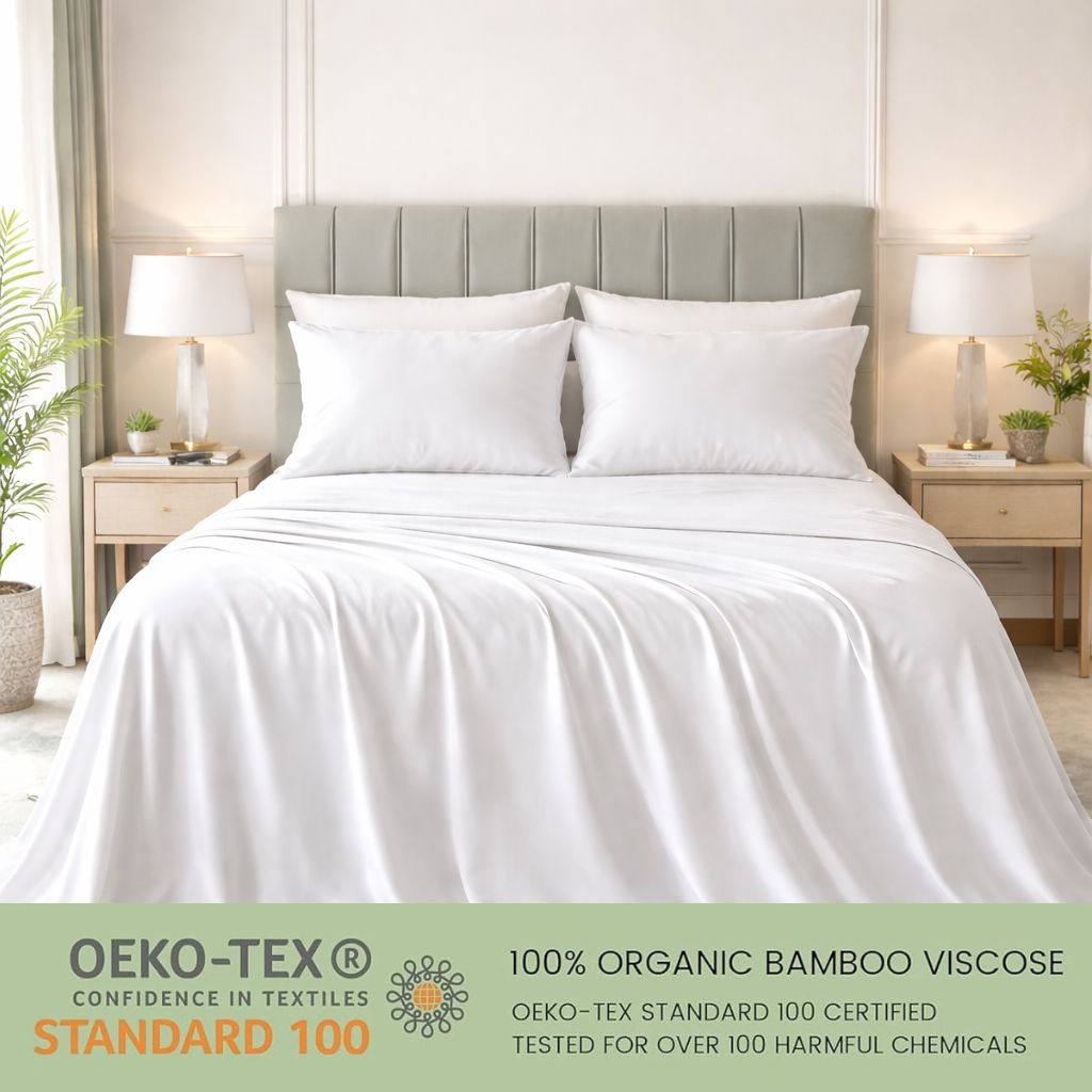 Bedroom with white bedding and OEKO-TEX certification label
