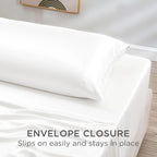 White fitted sheet with envelope closure on a bed, with text indicating ease of use.