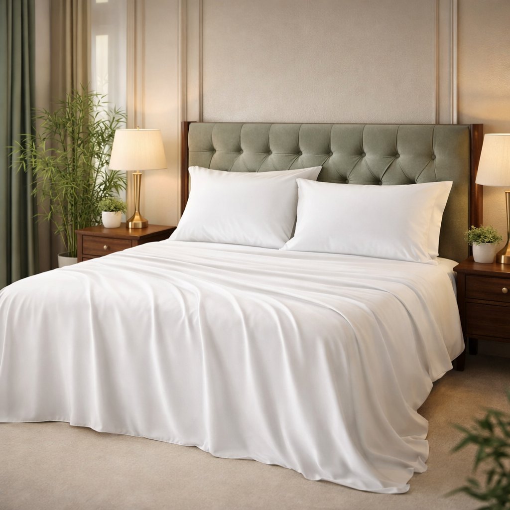 Neatly made bed with white bedding set in a bedroom setting.