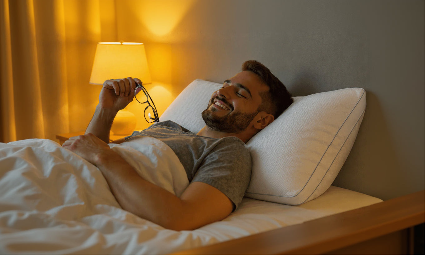 Man lying in bed holding glasses with a warm lamp in the background