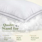 White pillow with text highlighting quality features on a light background