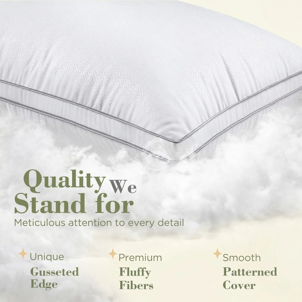 White pillow with text highlighting quality features on a light background